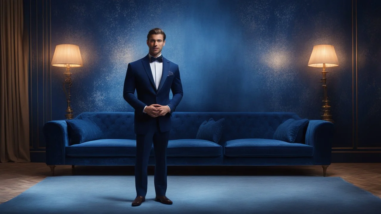 Hyper Realistic Handsome-Muscular-Man-with-little-smile Wearing Navy-Blue-Velvet-Tuxedo standing in a dark-room with blue-patterned-vintage-wall & glowing-blue-water-splashes on the floor with fancy-navy-blue-couch-&-fancy-lamps-on-wall