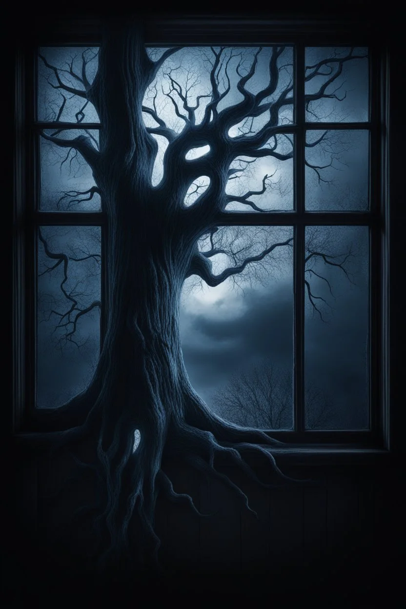 Midnight Whispers ghost window with a scary tree