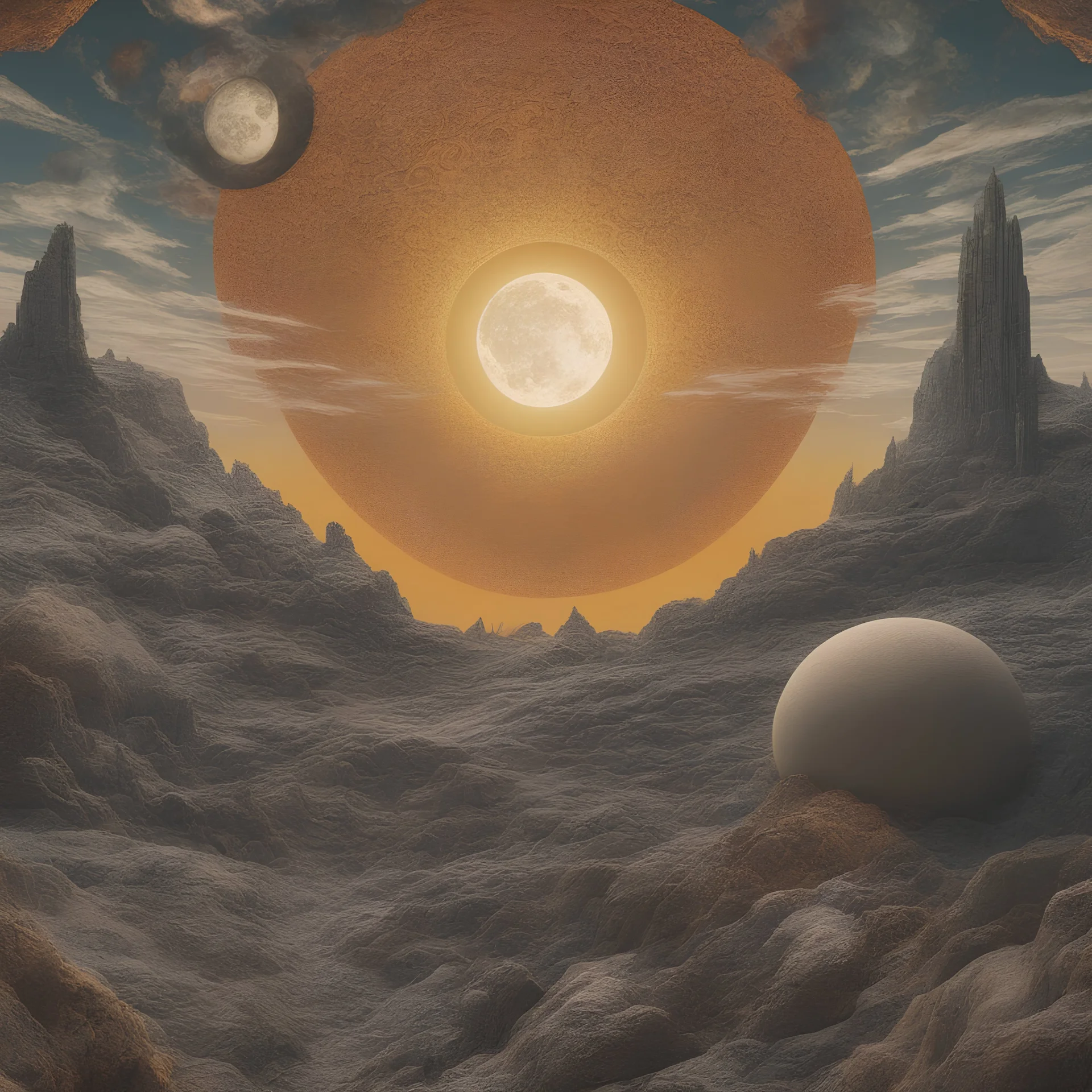 Apocalypse, sun and moon, Max Ernst style, sharp focus, 8k, 3d, very detailed, very colorful, ornate, grim, fine art, 35mm, F/2.8, insanely detailed and intricate