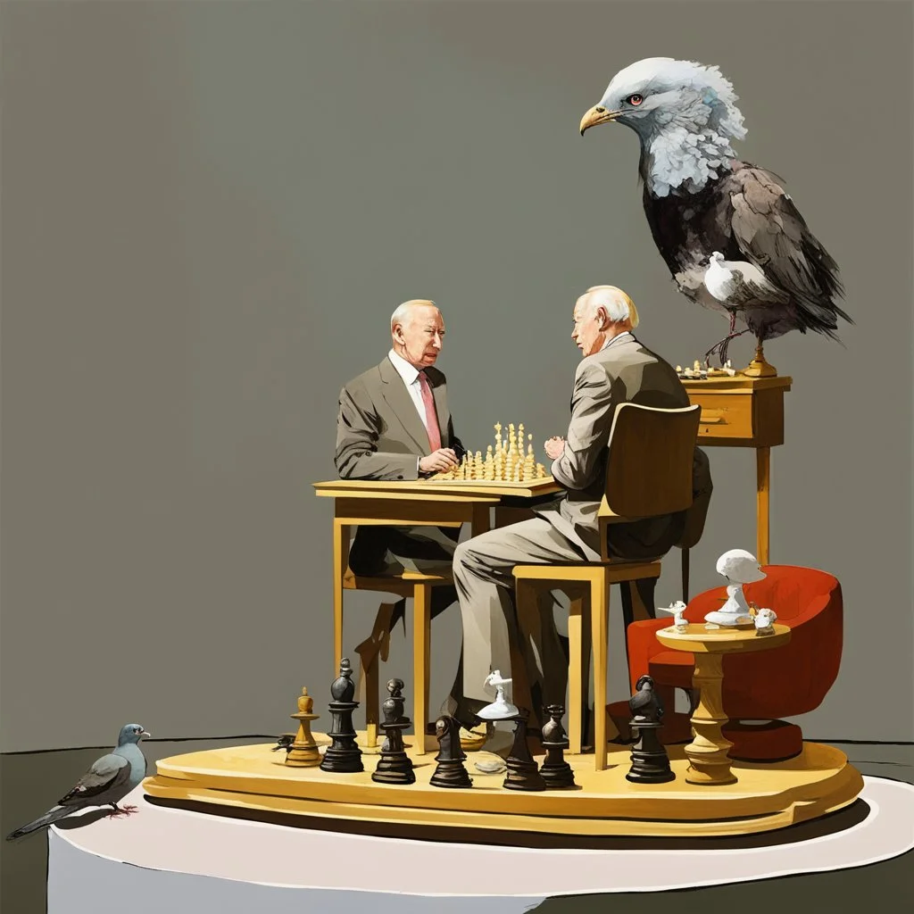 Putin, President Xi Of China And Joe Biden Play Chess With A Pigeon,Ufo And Atomic Bomb Mushroom Cloud,Complex Surgical Instruments Intermixed With A Newborn Boy,Minimalism,Painting By Adrian Ghenie,Rene Magritte,Pablo Picasso,Michelangelo,Salvador Dali,Lucian Freud