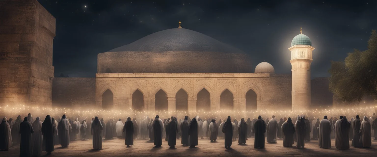 Hyper realistic celebration outside Al-Aqsa Mosque with garland light at night