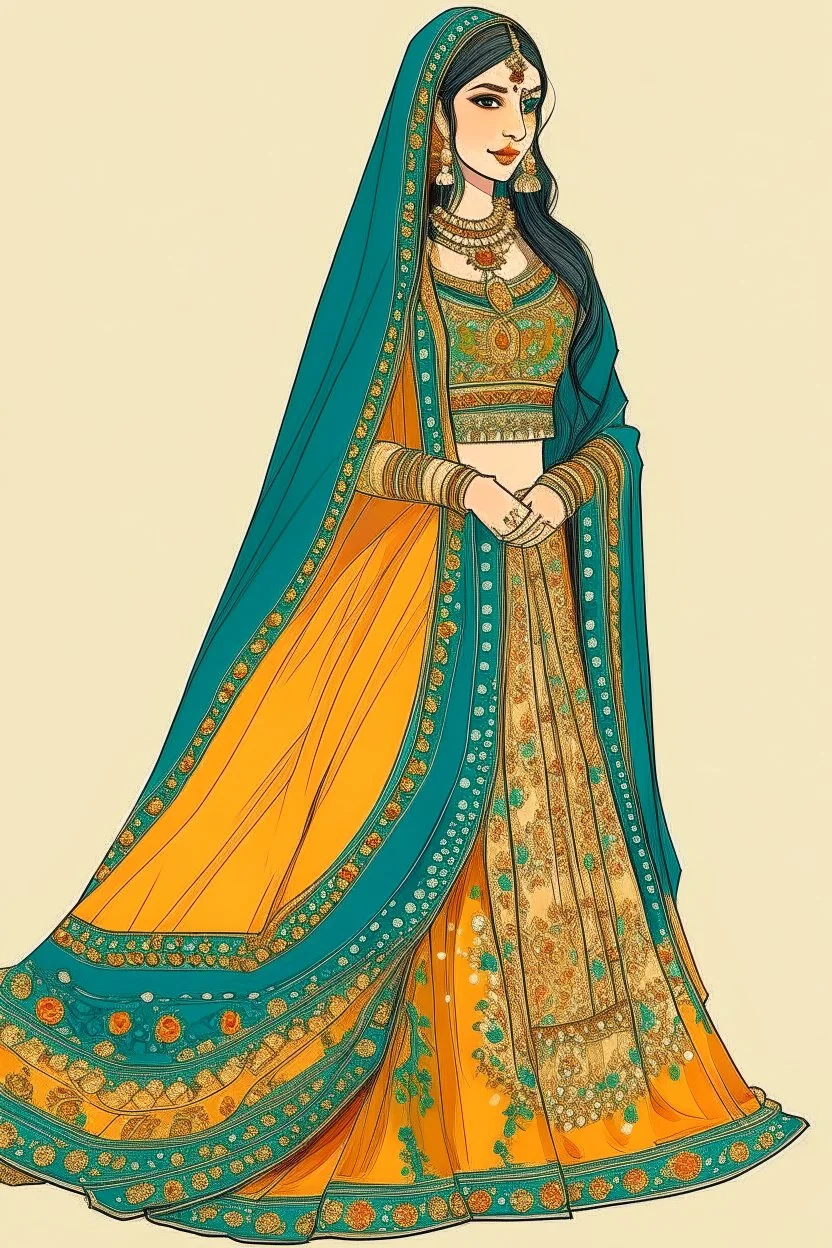 AN ILLUSTRATION OF a girl wearing mehdi lehnga dress