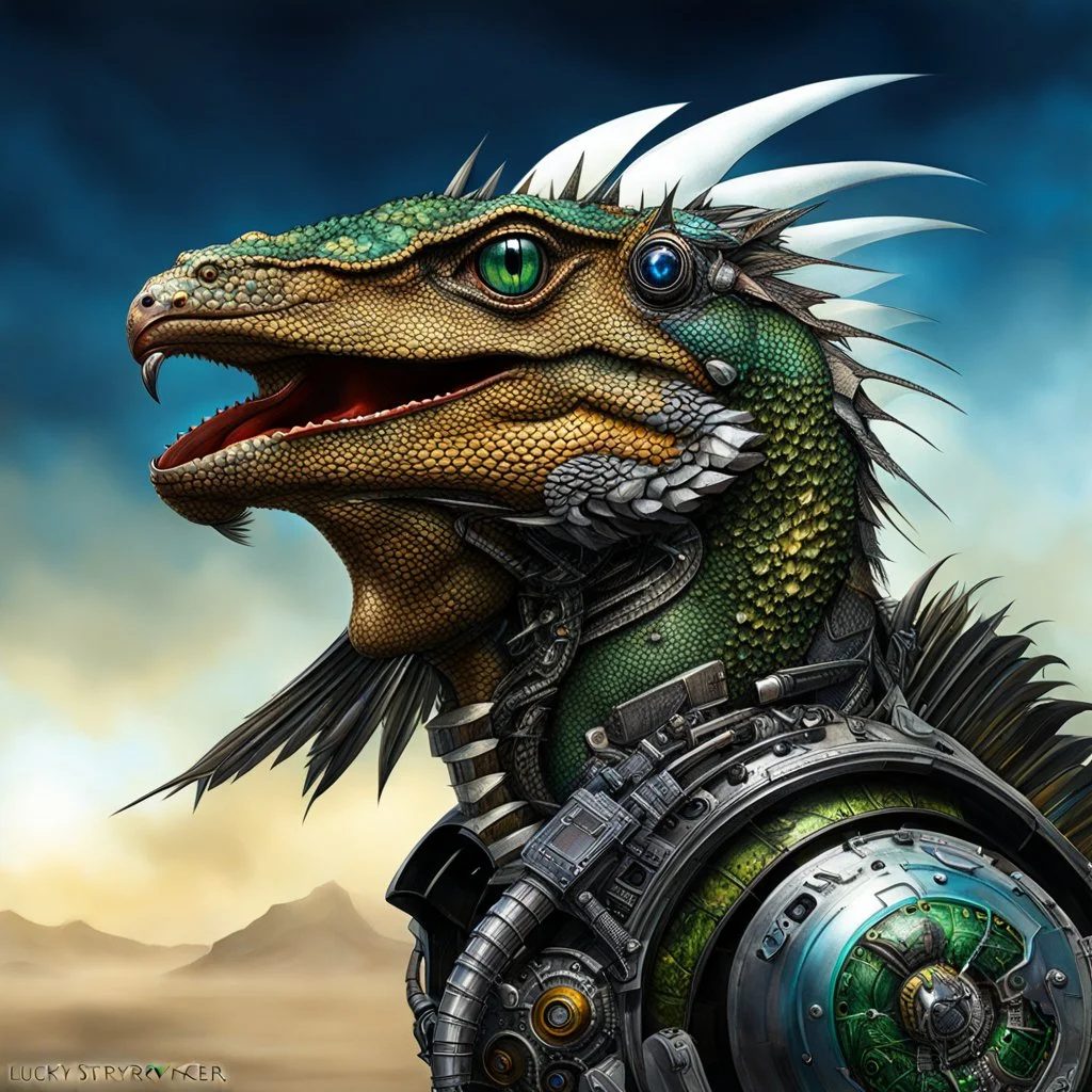 Lucky Stryker, Jet eagle lizard hybrid, biomechanical surrealism,