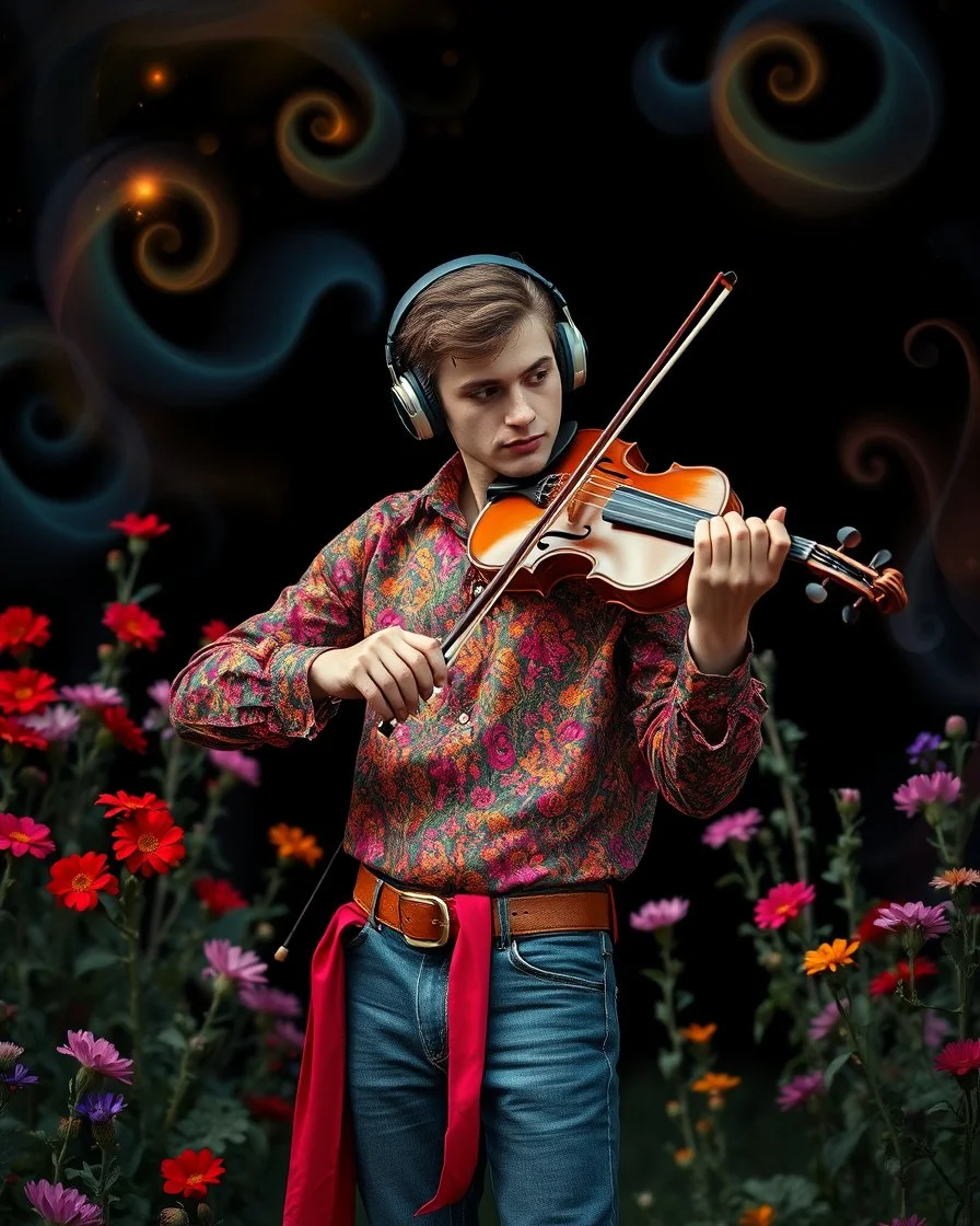 Gorgeous Realistic Photography a handsome young man a stunning adorned in vibrant luxury casual man clothing jeans carnival attire, headphones,playing violin standing in garden park flowers,ethereal beauty, black background, with swirling colors and fantastical tiny flowers, enchantment and grace, twisted vines, whimsical, surreal landscapes, emotive style, dreamlike quality, and magical realism, carnival red, ethereal pink, whimsical blue, vibrant green, celestial purple, golden amber