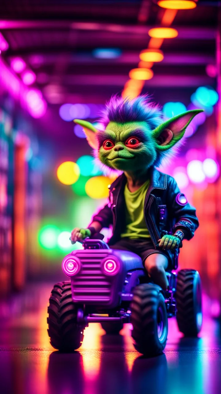 portrait of Hairy Gremlin pimp ninja cyber yoga punk in flying hipster tractor parked in neon lit tunnel,bokeh like f/0.8, tilt-shift lens 8k, high detail, smooth render, down-light, unreal engine, prize winning