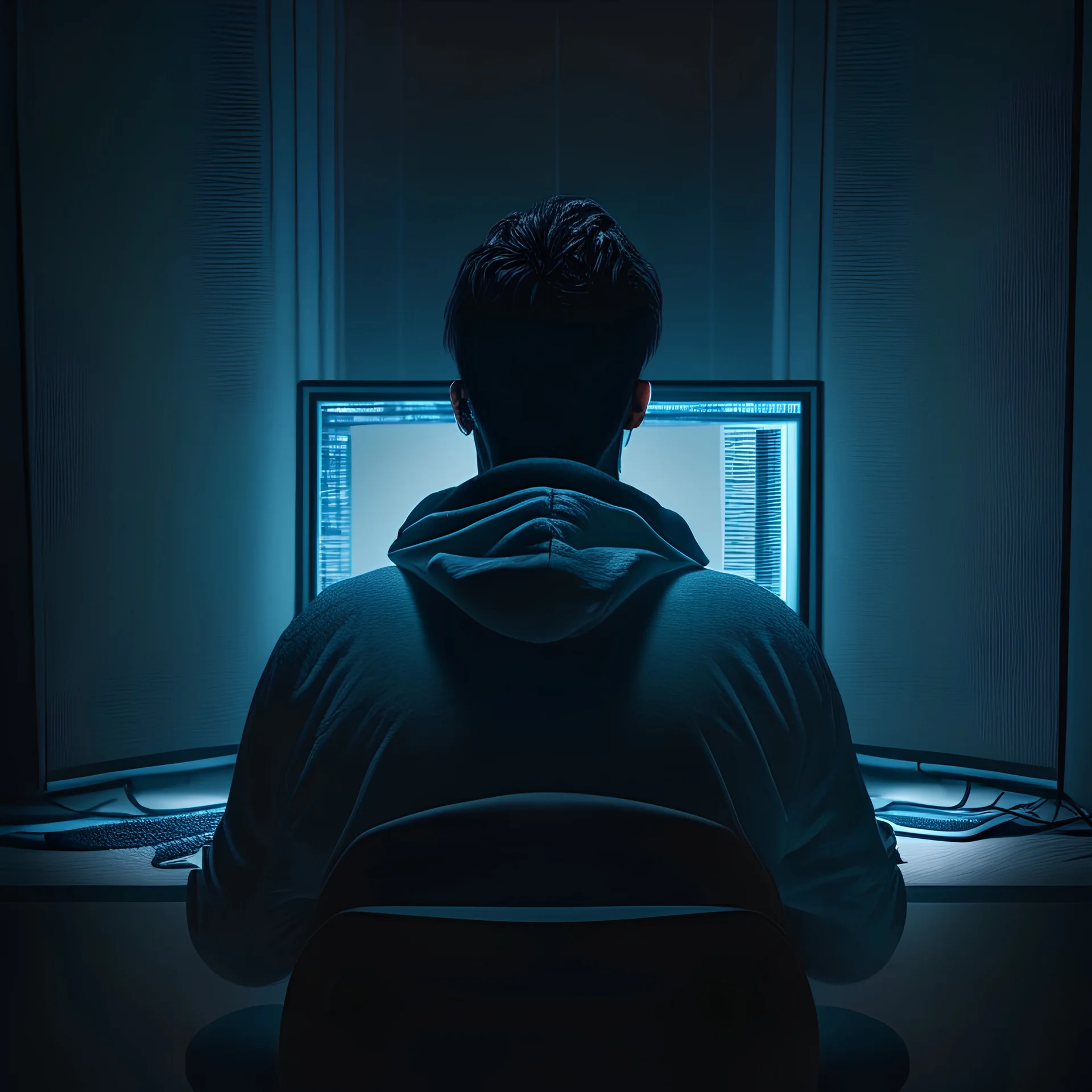 an super realistic style of computer geek sitting in front of a power computer screen in a tidy and modern dark room. don't show face, view from back, high quality, super realistic, man, don't show face. screen showing "Google log" in the middle