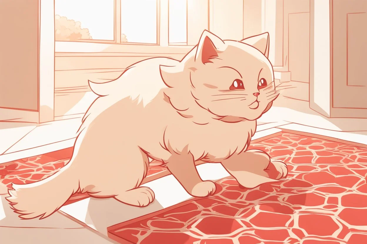 cute fluffy chibi beige cat playing with a giant plush red covid virus in a modern hall on a carpet in sunshine