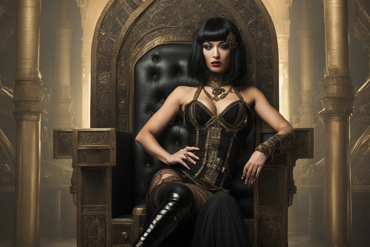 a slim Cleopatra, with a bob hairstyle, as a burlesque dancer in black boots, standing next to a black gothic throne, in a steampunk setting,