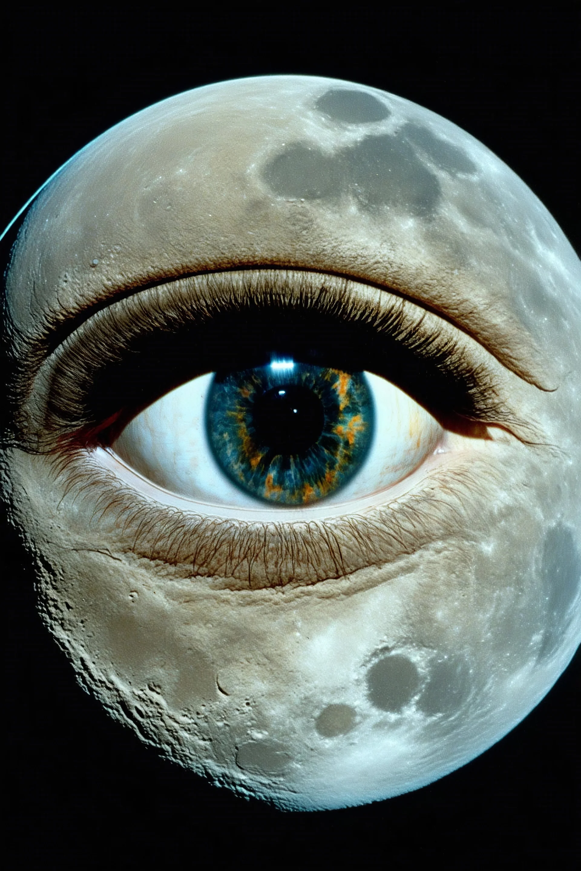 glassy eye, on the moon, old kodachrome, scratches, bokeh