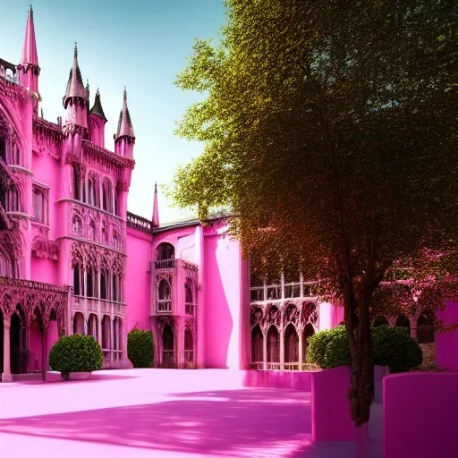 concept art, concept design, neogothic palace, neo gothic, aesteric, pink walls, pink exterior, glass exterior, english garden around, gardens, plants, trees, volumetric light, photorealistic, high quality, cinematic, sunny, natural blue sky, cozy clouds