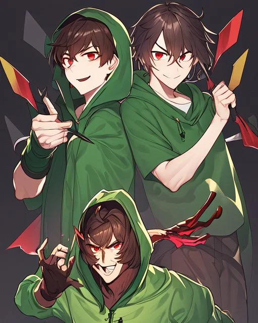 Short brown hair, red eyes who wears a green blouse open with its hood, holds a bright red knife, Smile insanely and very angry, Aspect that shows that the character is a villain, Aspect that shows that the character is a villain, dark background Very dark, and HQ Manga style He is a man but resembles a woman.