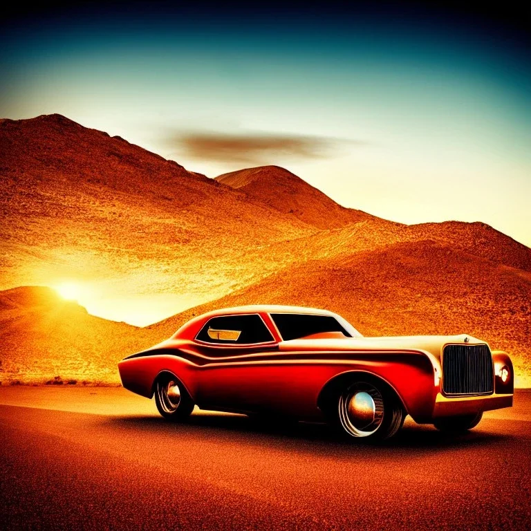 art deco, muscle car, desert road, sunset, full colour, hd,