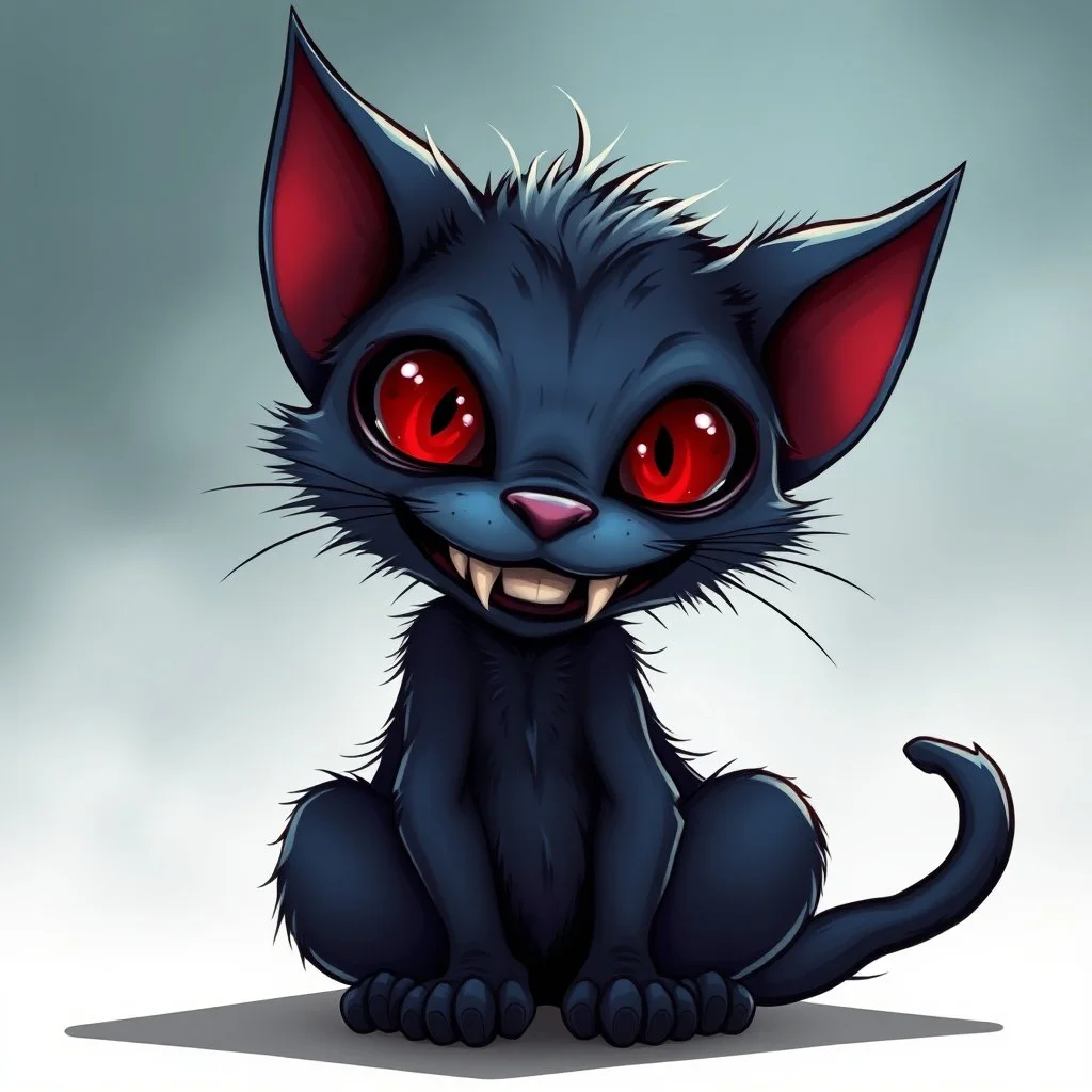 cartoon art from whimsical weird dark blue vampire cat with big head with crepy red eyes, big smile with sharp teeth, messy body hair, thin little body big paws sitting and looking devilishly, surreal crepy cute style , anime, comics, blur transparent background