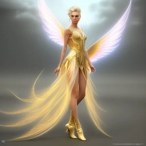 beautiful fairy very etheric, nice smiling, long blond hair, magic glamour pink make up, delicate colors, complete vision of very transparent golden and big wings, beautiful glamour transparent golden dress, ultra sharp focus, 8k, unreal engine 5, extremely sharp detail, light effect, soft light atmosphere, smooth, full of details, face in front, complete vision of face and hair and of the body