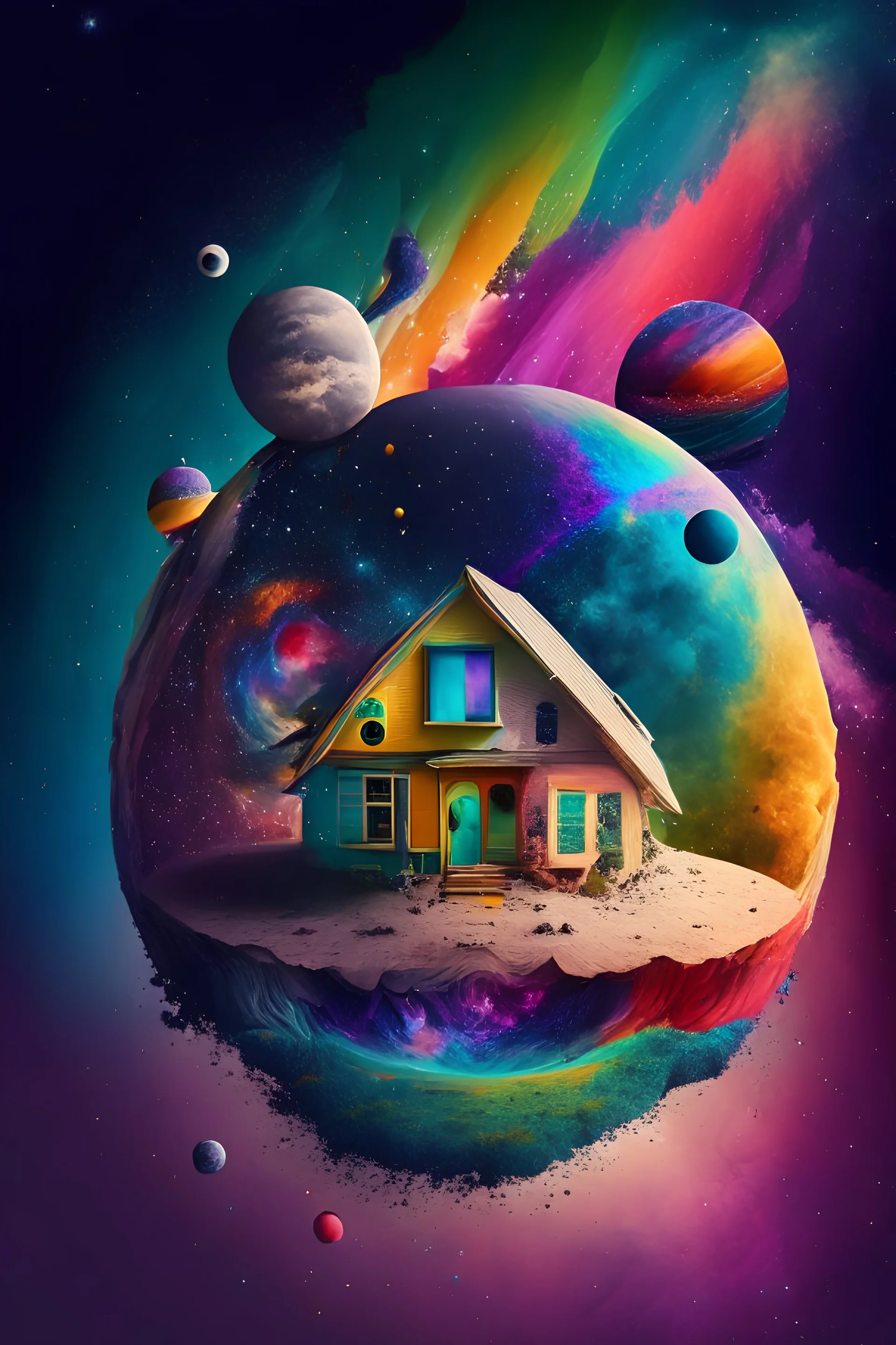 A house in the center of the universe surrounded by different colorful planets and stars and colorful dust.