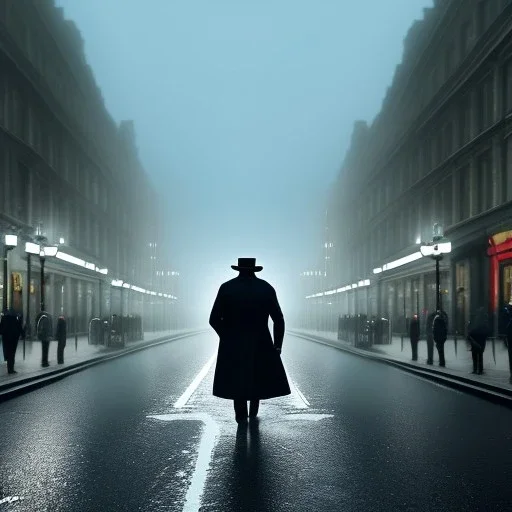 a man wearing a trench coat and hat walking down the street of london, lots of fog, dramatic, dramatic lighting, volumetric lighting, hyperrealism, 8k, high quality, photorealistic, lot of details