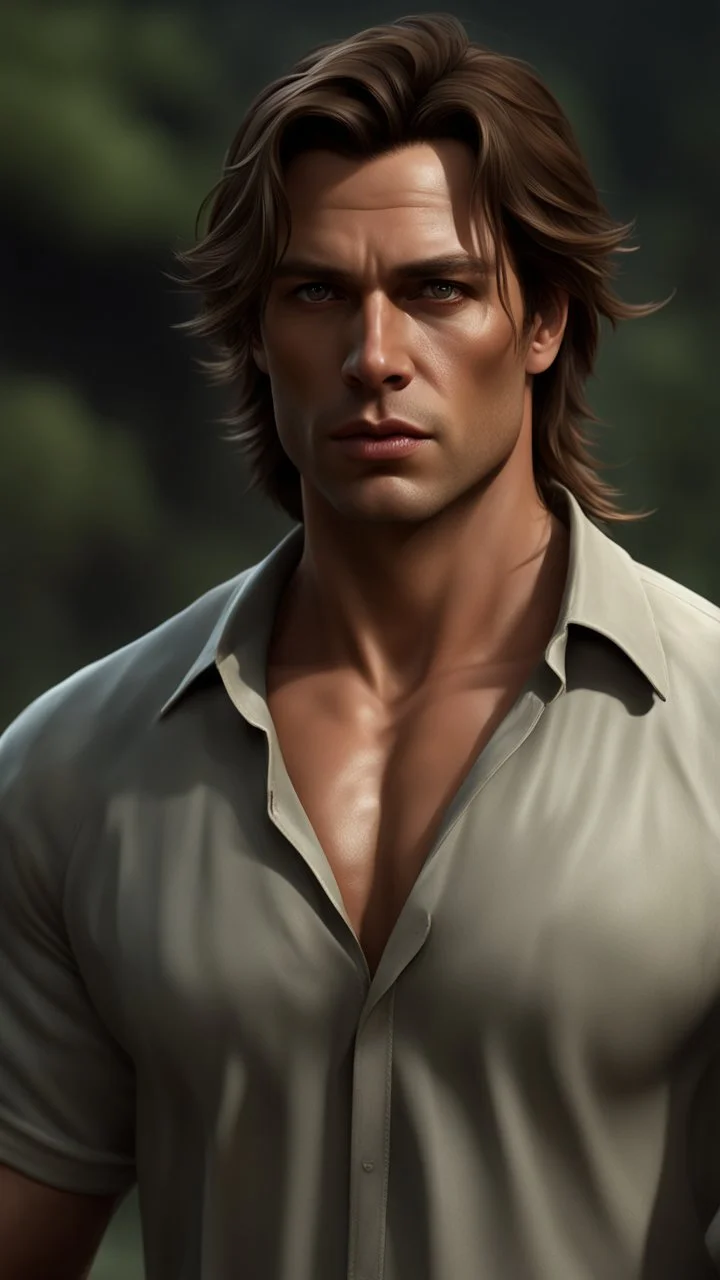 muscular 35 year old male with messy medium length light brown hair, slight upward curve of his lips, wearing a loose fitting shirt, photorealistic, dark fantasy, outside scene