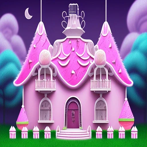 haunted cotton pink candy house with sweet cake monsters