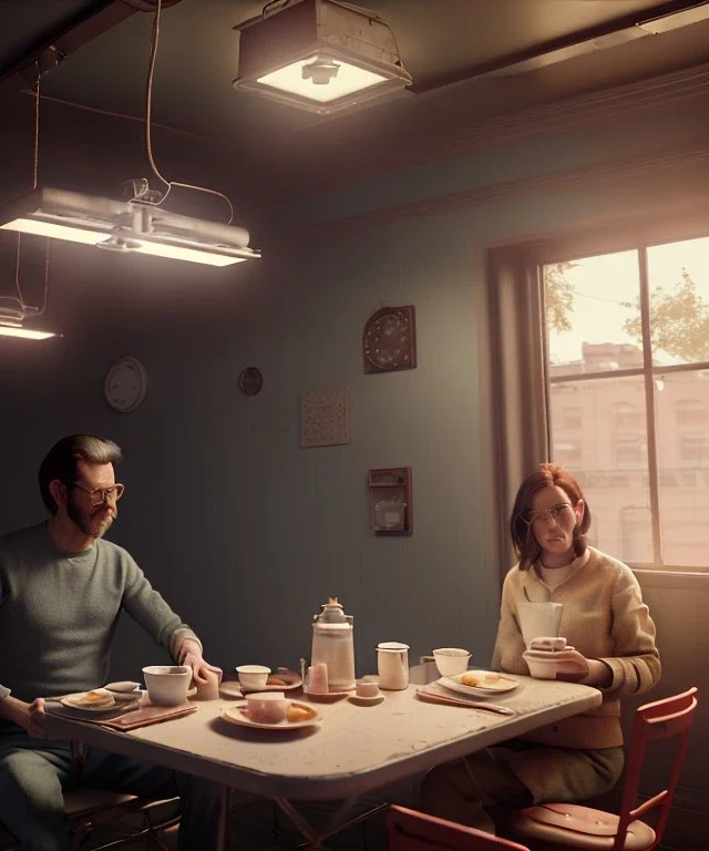 Realistic scene, American shot view, 0 gravity, levitating man and woman sitting in cafeteria and having breakfast, Wes Anderson, fly, floating, soft color, highly detailed, unreal engine 5, ray tracing, RTX, lumen lighting, ultra detail, volumetric lighting, 3d, finely drawn, high definition, high resolution.