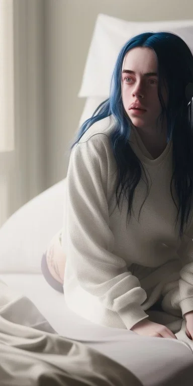 Billie Eilish, on the bed, in my underwear, pale skin, high detail, realistic, 8k, not to be distinguished from a photo