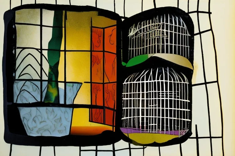 darkness reveals steal dirty cage inside dim light in the style of Eileen Agar