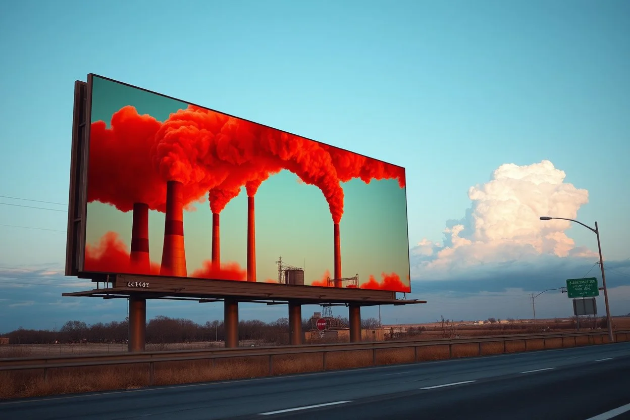 surreal full color photograph, long shot of a billboard on side of a highway containing a modern mural of giant smokestacks spewing thick crimson billowy smoke that transgresses the billboard pouring into the real sky congealing into a cloud on the horizon, surreal, sophisticated, profound, dramatic