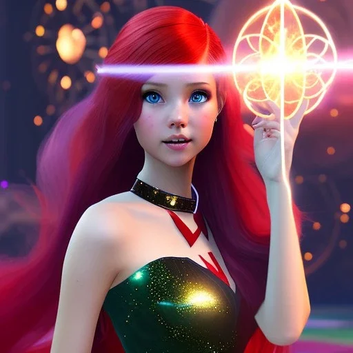 Pretty teenage girl with red hair who is dressed like a space witch casting a spell, girl has green eyes, background is realistic space renditions, wearing a black emo dress, full body portrait, rendered, unity 3d, unreal engine, dslr, hdr, 4k, edited, photorealistic, normal number of appendages