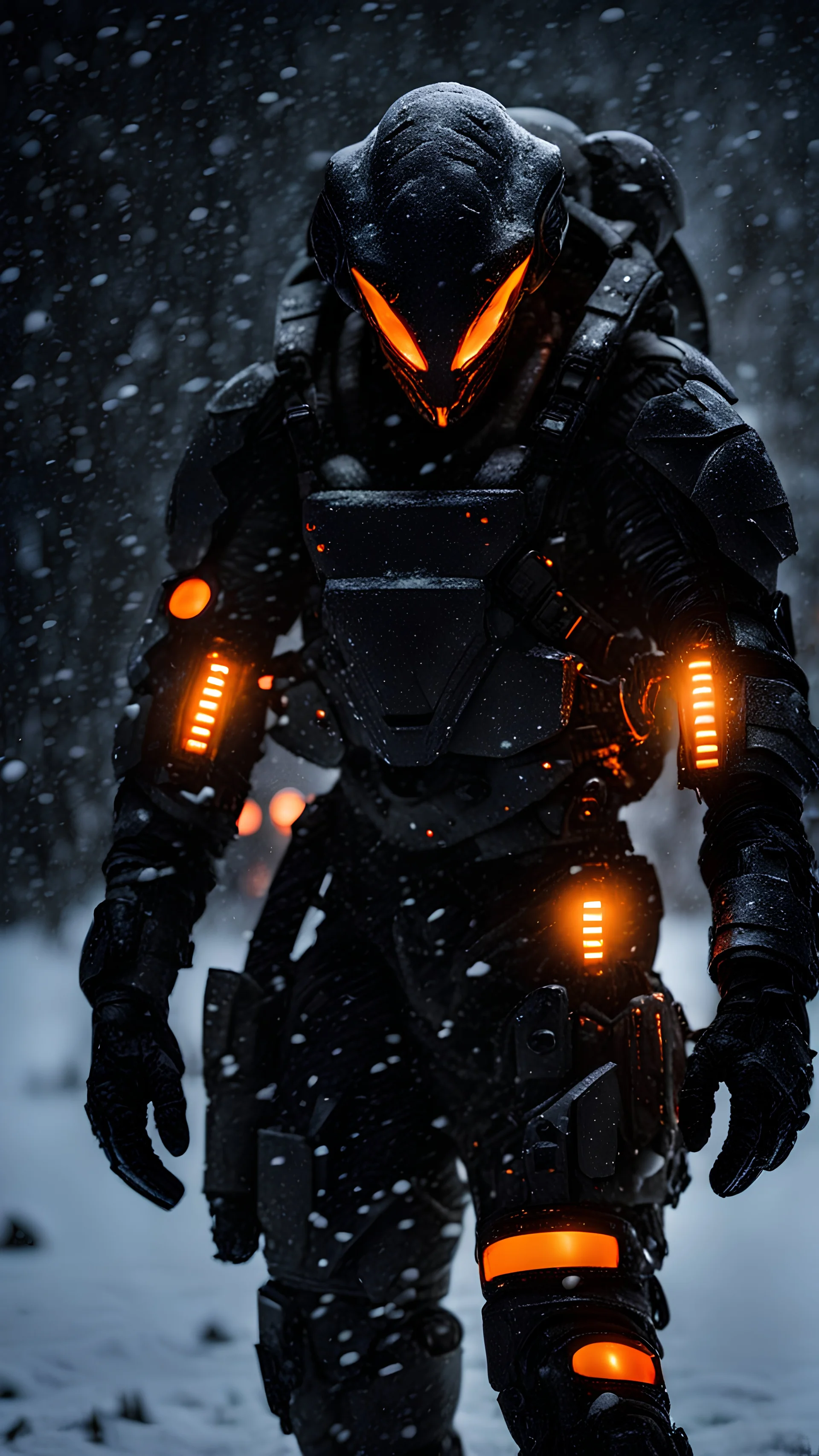 A alien soldier monster , distant full body portrait in a landscape , wearing black whit orange lights , during a snow storm,,,ice, cold, dark lighting, ,,, intricate details, depth of field, in a cold snowstorm, ,, outdoors, night,