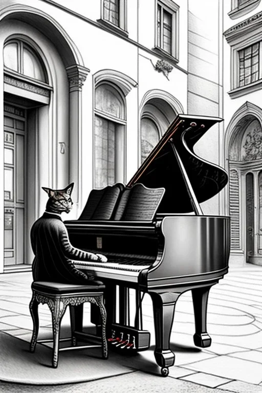 One single mature cat playing piano on the street, Vienna, friendly, model style, hyper realistic, extremely accurate, delicate, extremely detailed, Graphic novel style, wide-angle, open aperture, superfine pencil