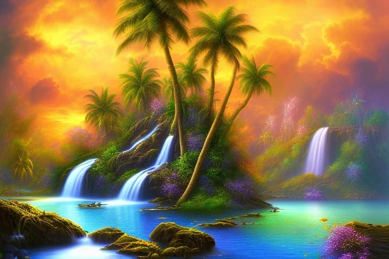 island waterfall palms twigs bubble spring sunset rainbow