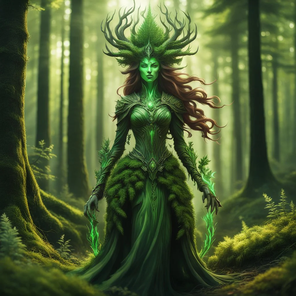 create a full body portrait of a forest spirit wraith ghost banshee enchantress , with highly detailed, sharply lined facial features, in the deep forest of Brokilon , finely inked, in rustic colors, 4k in the style of Peter Mohrbacher source vibrations, bokeh like f/0.8, tilt-shift lens 8k, high detail, smooth render, down-light, unreal engine, prize winning