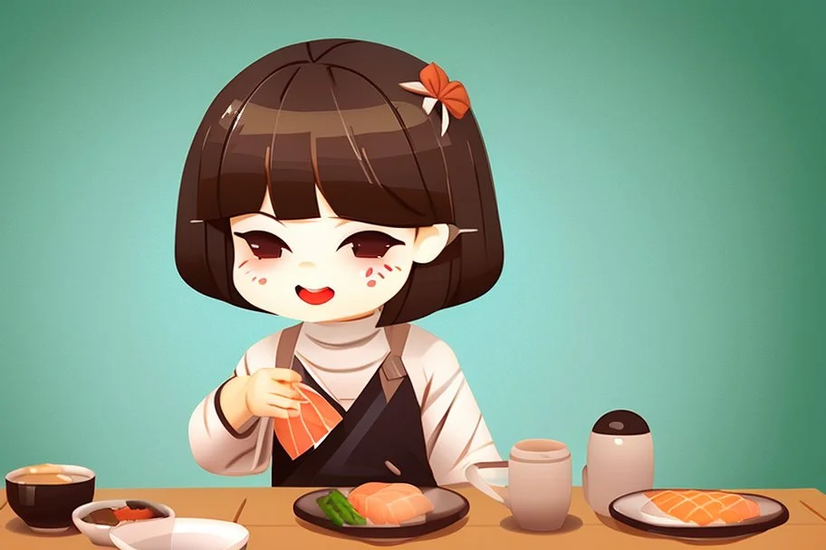 contented cute chibi girl eating sushi