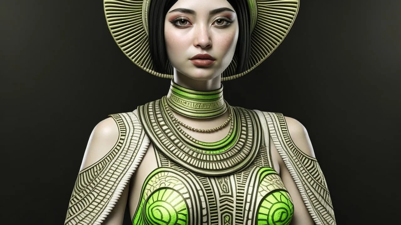 pale alien woman wearing exotic clothing. Black hair bob