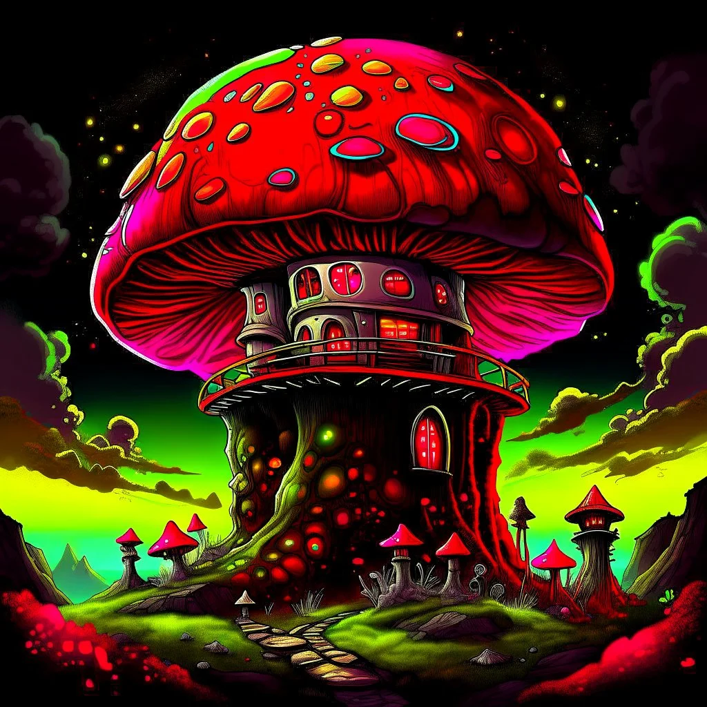 A fantabulous black, red, and green (((mushroom tower house))) erected atop a (geologic pillar), surrounded by the uncanny imaginative ((( swirling skies))), offset by the stark hues of a (neon-tinged nebulous space scape), within. captured by the hand a skilled master painter with a focus on (softly blurred compositions and voluminous lighting).