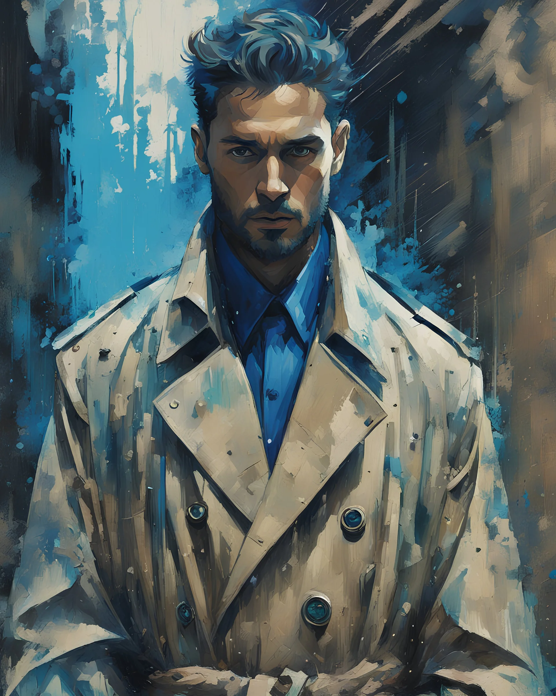 a photo and/or painting of a man in a trench coat alarmed with kusari-gama, artgram, cobalt blue, cyan, beige and grey color scheme, reduce character duplication, epic, detailed color scan, glitch pattern visual noise, tint leak