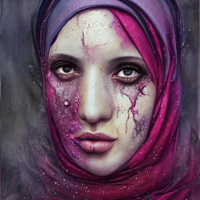 washed out, melting watercolor portrait of woman's face wearing hijab, smeared, washed out face, beautiful, fine detail, highly intricate, modern surrealism painting, fog, high-quality, volumetric lighting, 8k, ultrahd, George Grie, Ben Gossens, Marco Escobedo, Igor Morski,Brian Froud, Howard Lyon, Selina French,annie stokes