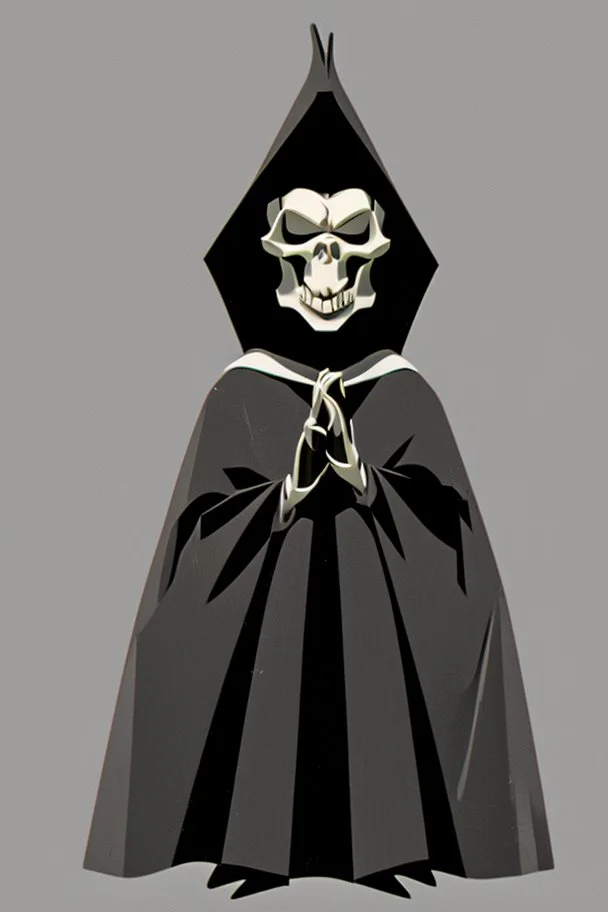 1950s goofy vinyl toy of skull face character wearing a black hooded cloak, drawn in a early animation rubber hose animation style, inside a diamond shape on a black background, monochromatic