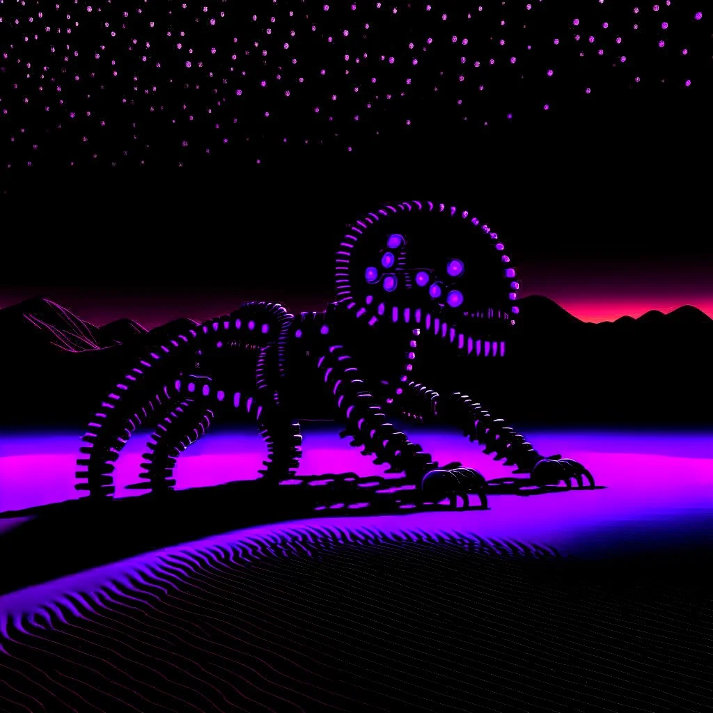 neon black and purple large and long worm-like robot with a 3D hexagon for a head in a dark monochrome desert