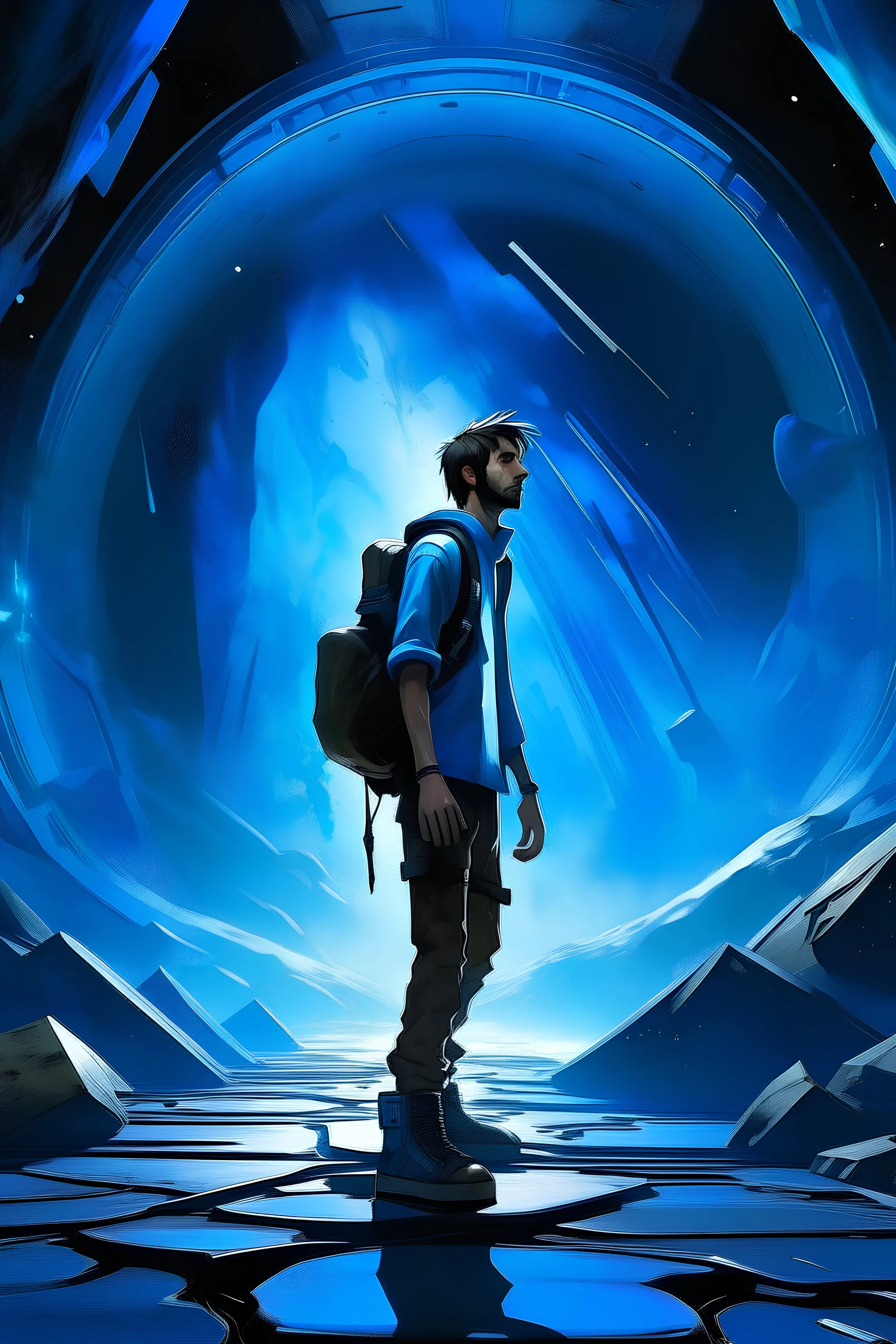 Imagine a mysterious man with a ripped six-pack wearing baggy cargo pants. Above his head, a glowing blue halo adds an otherworldly aura. The scene is set in a mysterious environment with subtle shadows and a hint of smog, adding to the enigmatic atmosphere.