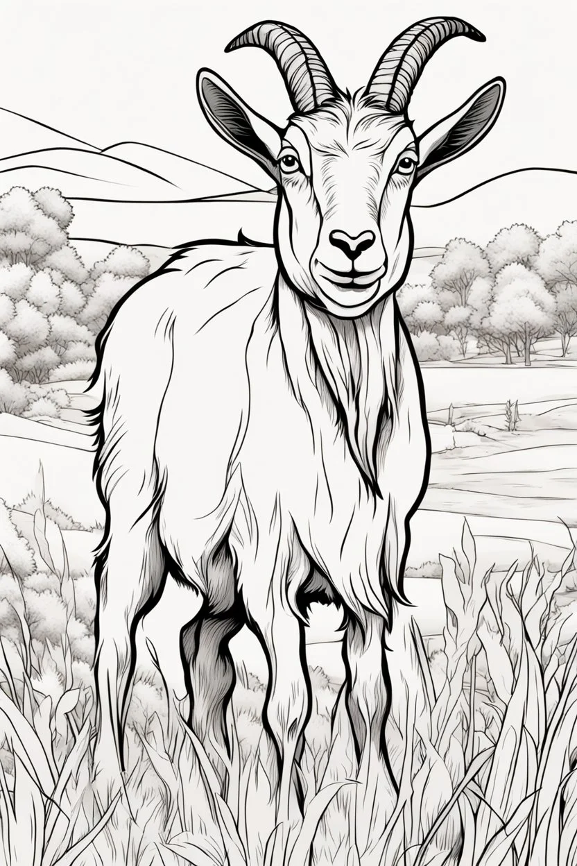 coloring page, goat in meadow, cartoon style, thick lines, low detail, no shading