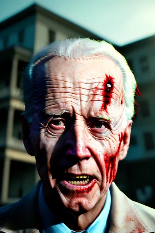 Ultra realistic image, joe biden zombie, zombie performance, blood, torn arm, night, walking twisted, waist up view, walking dead style, dark ambient, highly detailed, sky background, concept art, unreal engine 5, god rays, ray tracing, RTX, lumen lighting, ultra detail, volumetric lighting, 3d, finely drawn, high definition, high resolution.