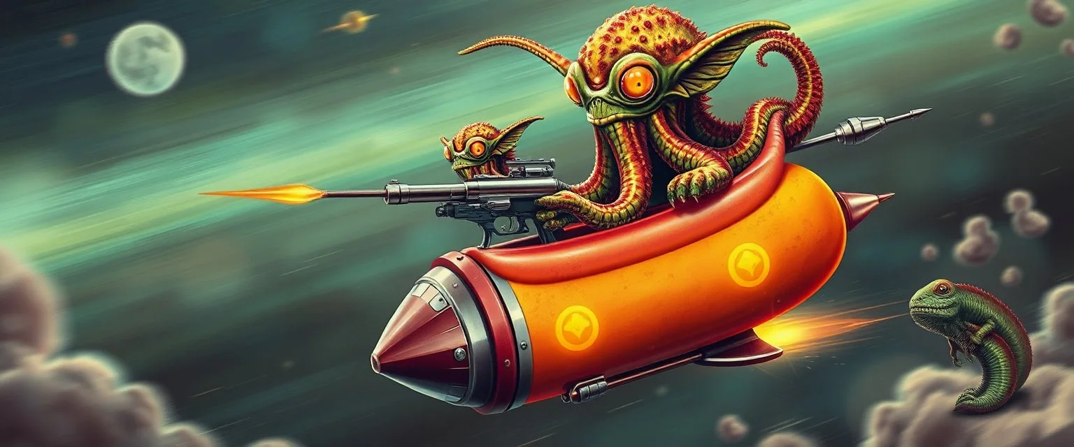 hairy macho gremlin octopus lizard aliens living in a hi tech marvellous hot dog art graphics and gems on rocket with a mounted sling shot mega harpoon, heading for venus , background motion blur and smoke swirls, and cheeky slug