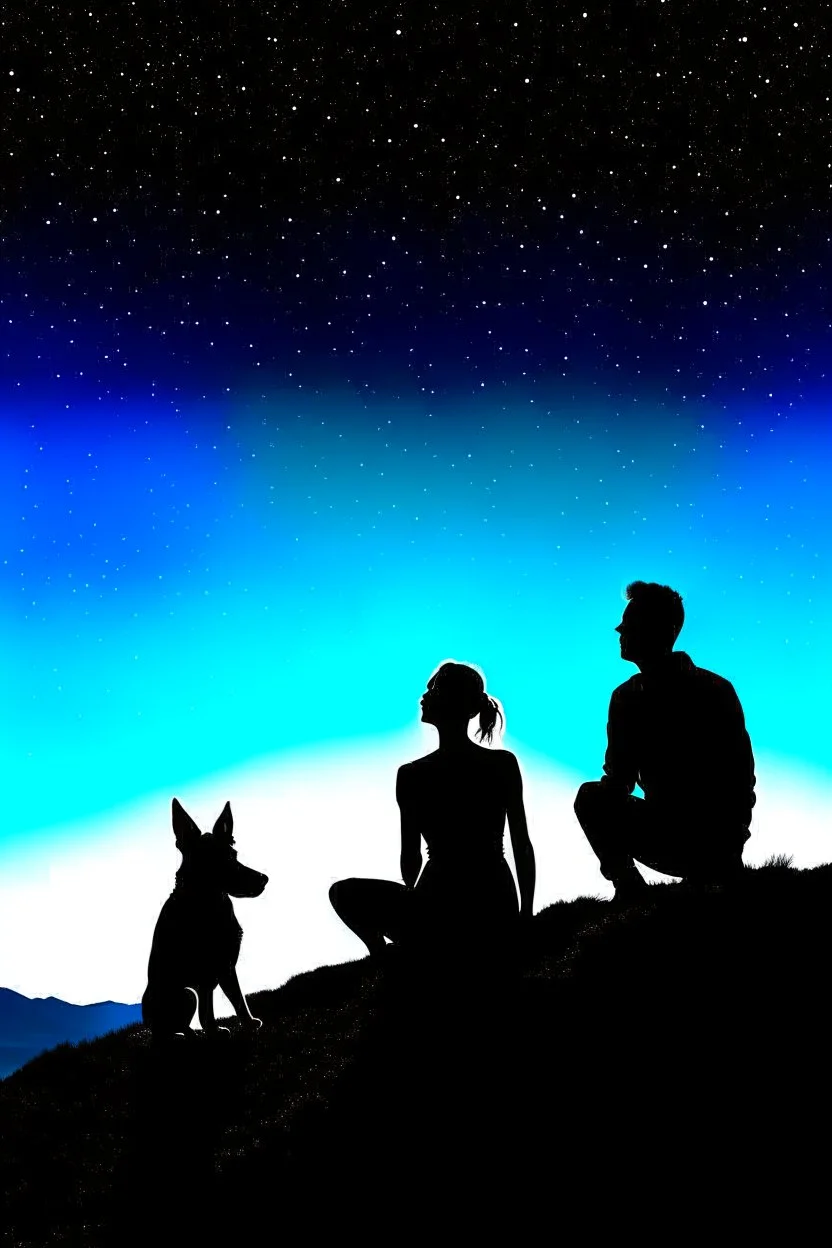 black background on a mountaintop and three silhouettes of a fit man, a silhouette of a fit woman, and silhouette of a Belgian malinois sitting next to the men and the woman looking at the stars