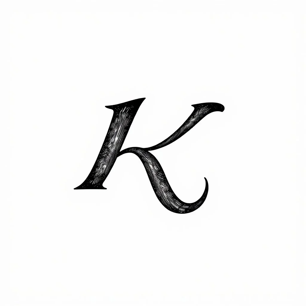 the letter K on a in a thick flowing font, smooth black letter, engraved