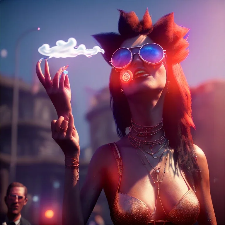 Ultra Realistic photo, medium shot view, women, carnival scene, futuristic steampunk. hair monster, Drunken, Sunglasses, smoking, happy, hot. Cabaret background, highly detailed, concept art, unreal engine 5, ray tracing, RTX, lumen lighting, ultra detail, volumetric lighting, 3d, finely drawn, high definition, high resolution.