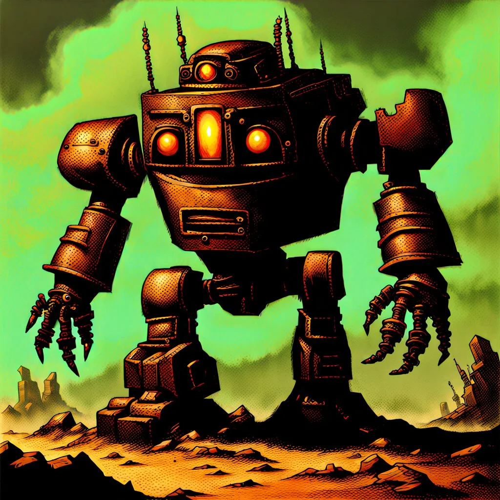 90's TCG art retro fantasy art of scrap robot monster post apocalyptic