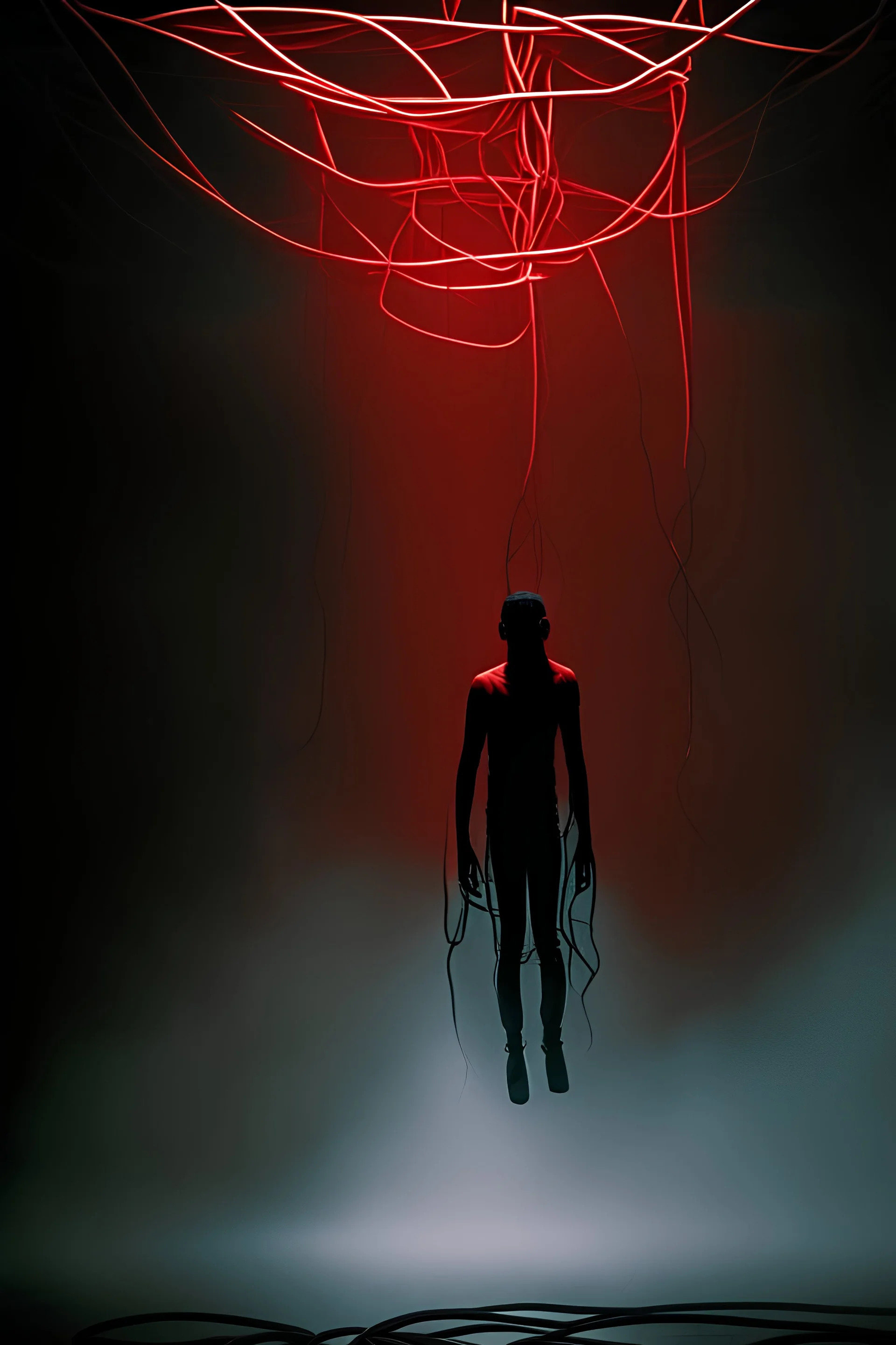 A man, far away, side view, hangs dead from 8 red cables that are connected to his body (neck, arms, torso, legs). there's no floor, he's in a limbo, with mild fog at the bottom of the image. overall it's dark, behind him there's some light to give some contrast, but not much, some sort of light tunnel, but it's very dim. there's a reddish tonality overall. the 8 red cables are high in contrast. the man has barely any color, almost monocolor. give it a "movie poster" style