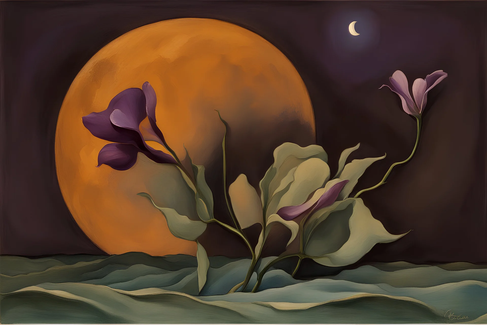 small flower o'keeffe, blue, purple, organic, free, simple, light, damp, wavy, big yellowy moon in the background