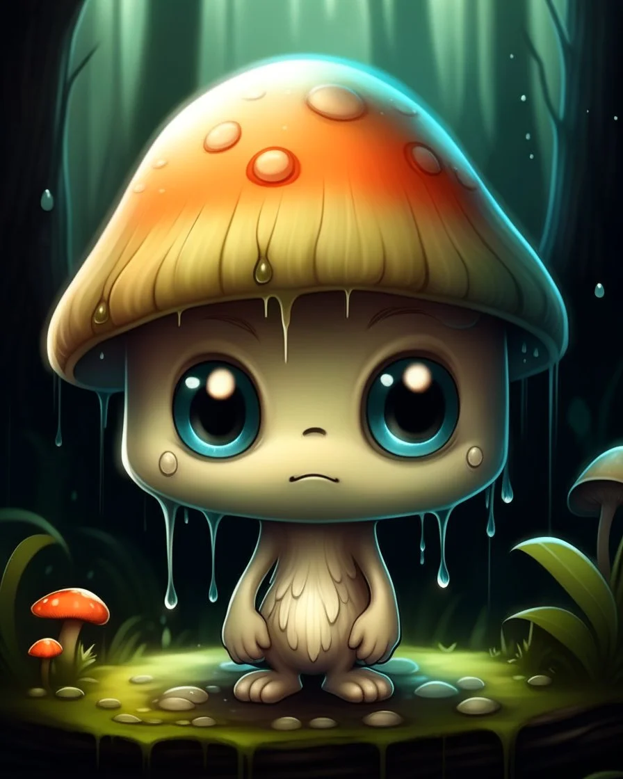 A melancholic kawaii mushroom with a tiny, frowning mouth and big droopy eyes, sitting on a mossy log in a quiet and peaceful forest, lost in its own thoughtsto add personality