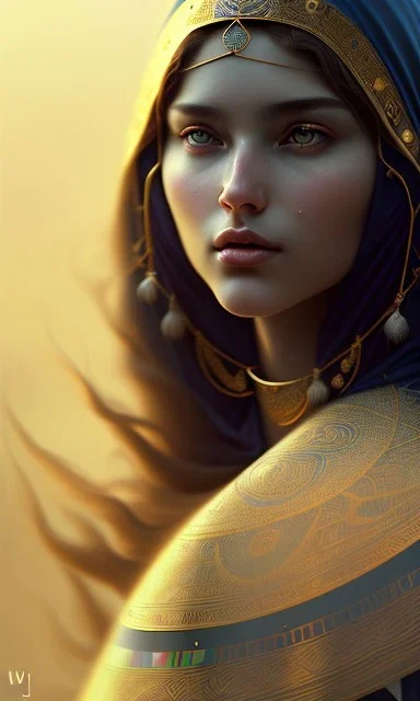 Arabic poet , cute, beautiful, long hair, wavy hair, black eyes,A tuft of hair on the face,Arab cloak، head and shoulders portrait, cinematic, 8k, resolution concept art portrait by Greg Rutkowski, Artgerm, WLOP, Alphonse Mucha dynamic lighting hyperdetailed intricately detailed